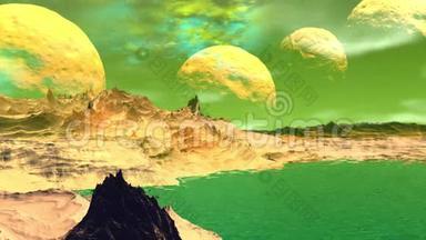 幻想外星人<strong>星球</strong>。 岩石和湖泊。 3D动画。 4Ðs